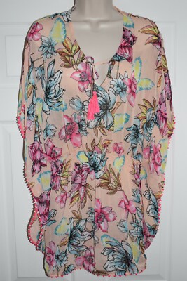 Miken Juniors' Swimsuit Cover Caftan Summer Tropical Floral I9366C665 Sz M