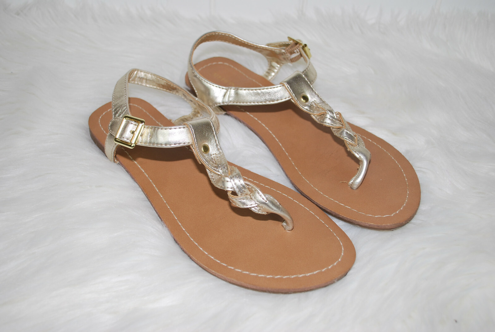 Merona Thong Sandals Womens 8.5 Braided Gold Metallic Ankle Straps 8 1/2  Shoes | eBay