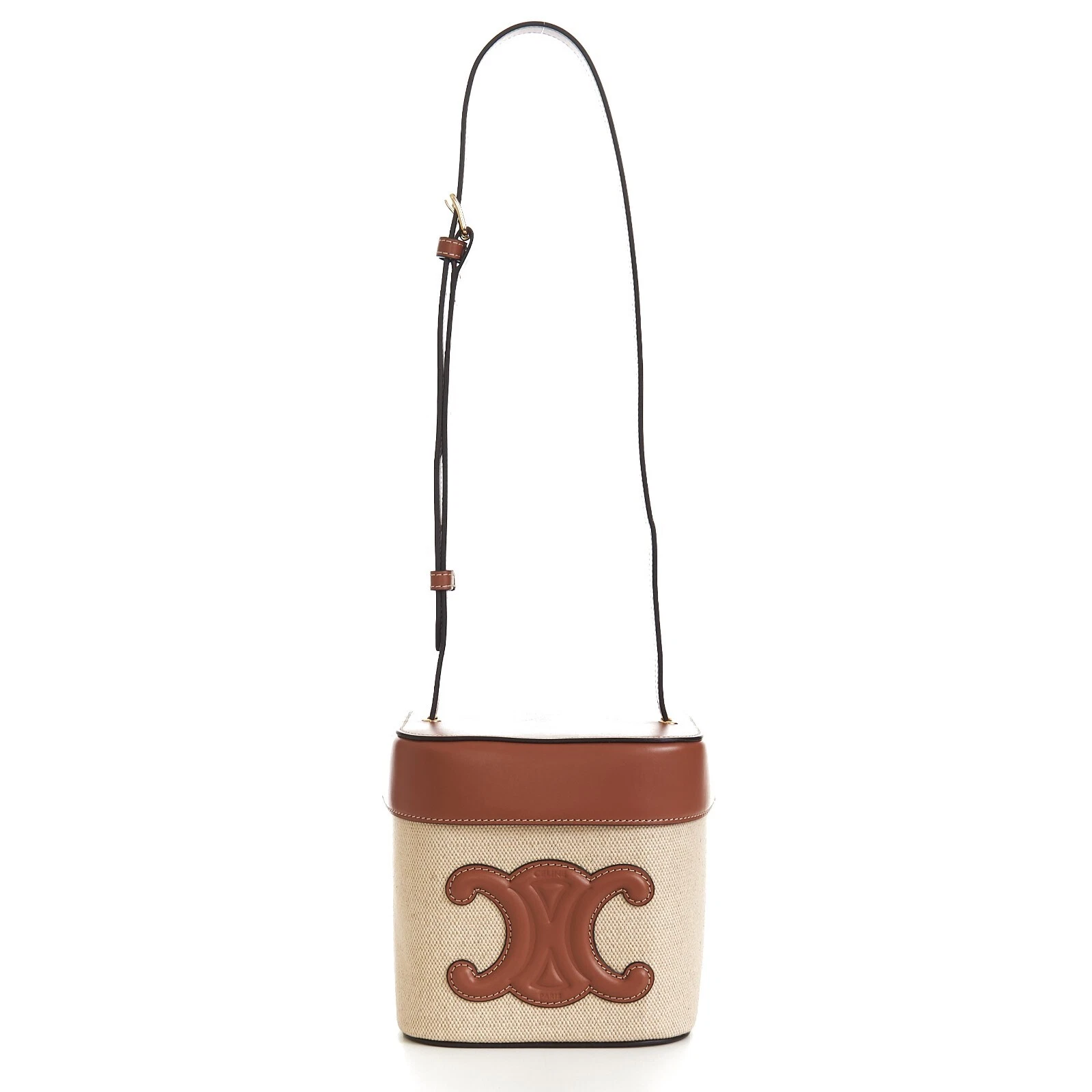 Celine — CELINE 1800$ Medium Box Cuir Triomphe In Natural Textile & Tan Calfskin