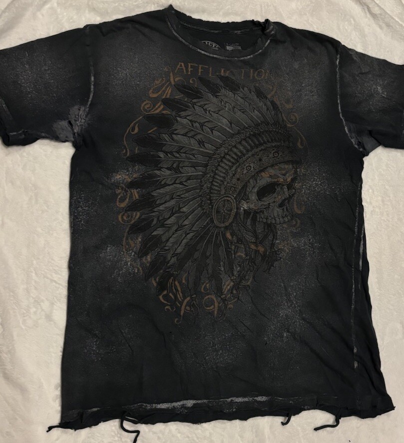 Affliction Big Print APACHE BLACK LAVA indian Xl Y2K Thrashed Biker Skate Grunge