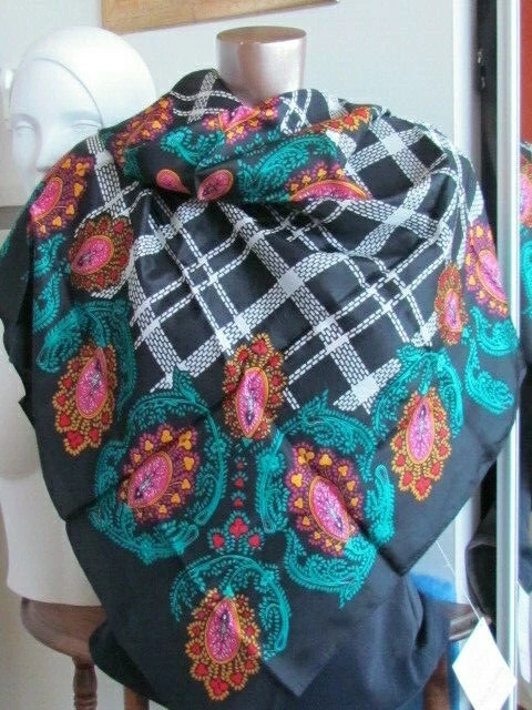42" New Tag Diane Furstenberg Silk Scarf Paisley Plaid Abstract Pink Teal Black - Image 2 of 4