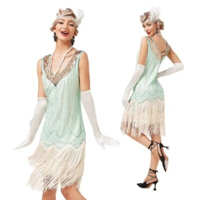  Vintage Dress V Neck Beaded Fringed Tassels Cocktail Prom Party Flapper Dress