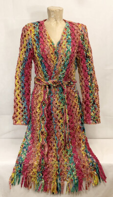 Sandy Starkman Rainbow Knit Jacket S Small 18'' Long Cardigan Beaded Tassel Mesh