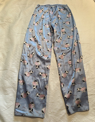 Shut Eye Men's Satin Pajama Pants Blue Cow Animal Print Elastic Waist Size S