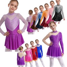 Kids Girls Dance Dress Long Sleeve Ballet Skirted Leotard Performance Dancewear