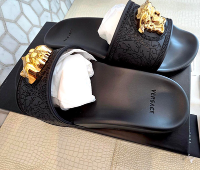 NEW VERSACE Gomma Blk Gold Medusa Rubber Pool Slides Men