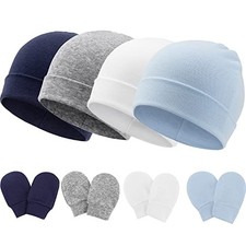 BQUBO Baby Hats and Mittens 4 Sets: Navy/Grey/Light Blue/White(0-6 Months)