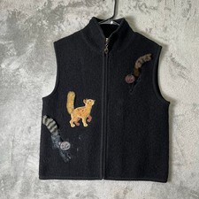 Vintage Cat Applique Wool Vest Black Zip Up Whimsical Kitty Kittens Grandmacore