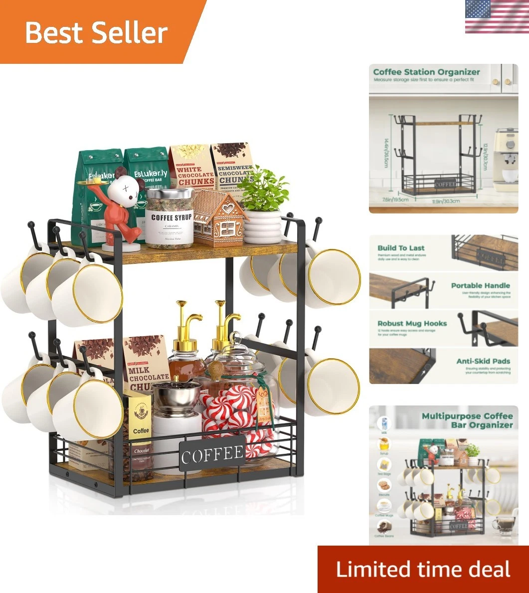 Coffee Mug Cup Holder Tree Bar Station Organizer, 2 Tier Mug Stand Rack for C...