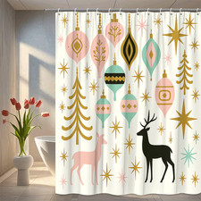 Christmas Shower Curtain with Deer and Ornaments, Holiday Decor