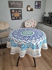 John Robshaw Terry Cloth 58" Round Beach Towel Tablecloth Beachy Blue White