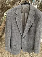Vintage Towncraft Black/Gray Herring Bone Tweed Wool Men Blazer 44L USA MADE 413