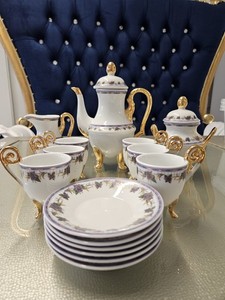 Teapot Set Floral Teapot, Creamer Sugar Dish Cups Saucers Ceramic Gold Accents