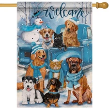 Welcome Winter Dogs Puppy Large Decorative House Flag, Christmas Blue Truck G...
