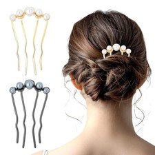 2 Pcs Pearl Hair Pins for Buns, Metal U Shaped Hair Fork Vintage French Twist