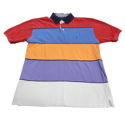 Tommy Hilfiger Polo Shirt Mens M Multicolor Stripe Flag Logo Knit Casual