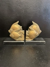 MCM Brass Fish Bookend With Black Wooden Base