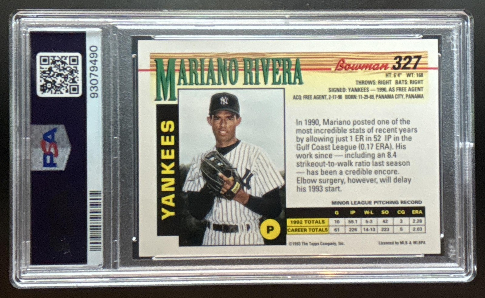 1993 Bowman #327 Mariano Rivera NY Yankee Legend Best Closer All Time PSA 9 MINT view 2