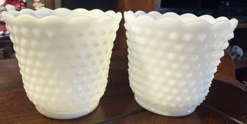 Vintage Anchor Hocking Fire-King Hobnail Milk Glass Planters or Vases (2)
