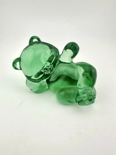 Fenton Glass Green Teddy Bear Laying Down Paperweight Figurine