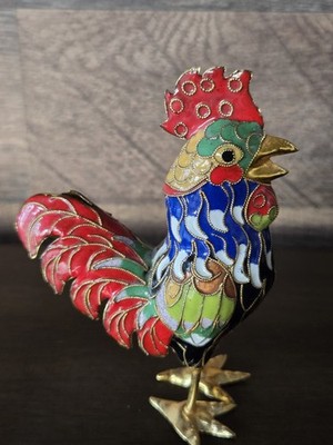 Vintage Cloisonné Enamel Rooster Figurine Brass Chinese Colorful Bird 4 