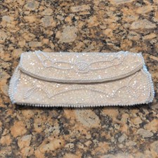 White Beaded Sequin Bridal Evening Clutch Bag Purse Made in India