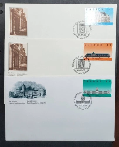 Stamps Canada FDC's: #1181-83 $1-$5 High Values--Architecture set of 3 FDC's