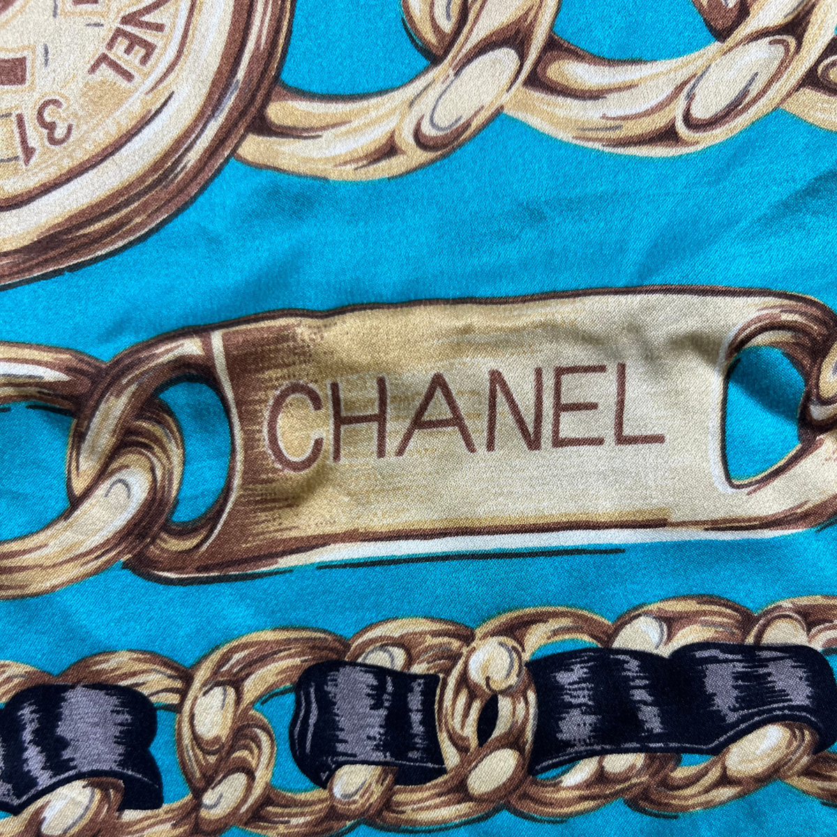 Chanel Vintage Silk Scarf Blue Gold Chain Logo CC Square Wrap Rare