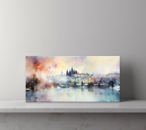 Foggy Day In Prague Canvas Print, Skyline Landmarks Watercolour Painting Style, - Picture 3 of 10