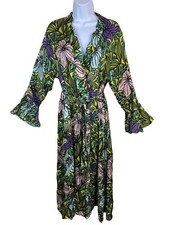 Sassy Jones Women Floral True Wrap Robe Midi Dress sz Medium Satin Flare Sleeves