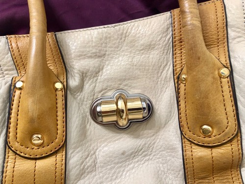 RARE B Makowski Rockefeller Cream & Tan Leather Flap Handbag Shoulder Bag Purse - Picture 20 of 24