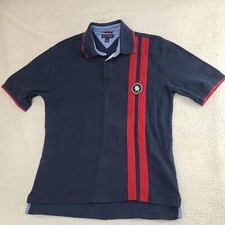 TOMMY HILFIGER Polo Shirt Mens Medium Blue Snap Button Crest Striped Cotton