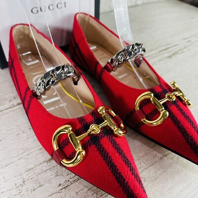 GUCCI Size 35 EU/US 5 Horsebit Plaid Wool Point Toe Ballet Flats Red/Black NWT