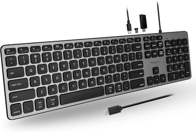 Macally Wired USB C Keyboard with USB Ports Connect Up to 3 Devices For Mac PC