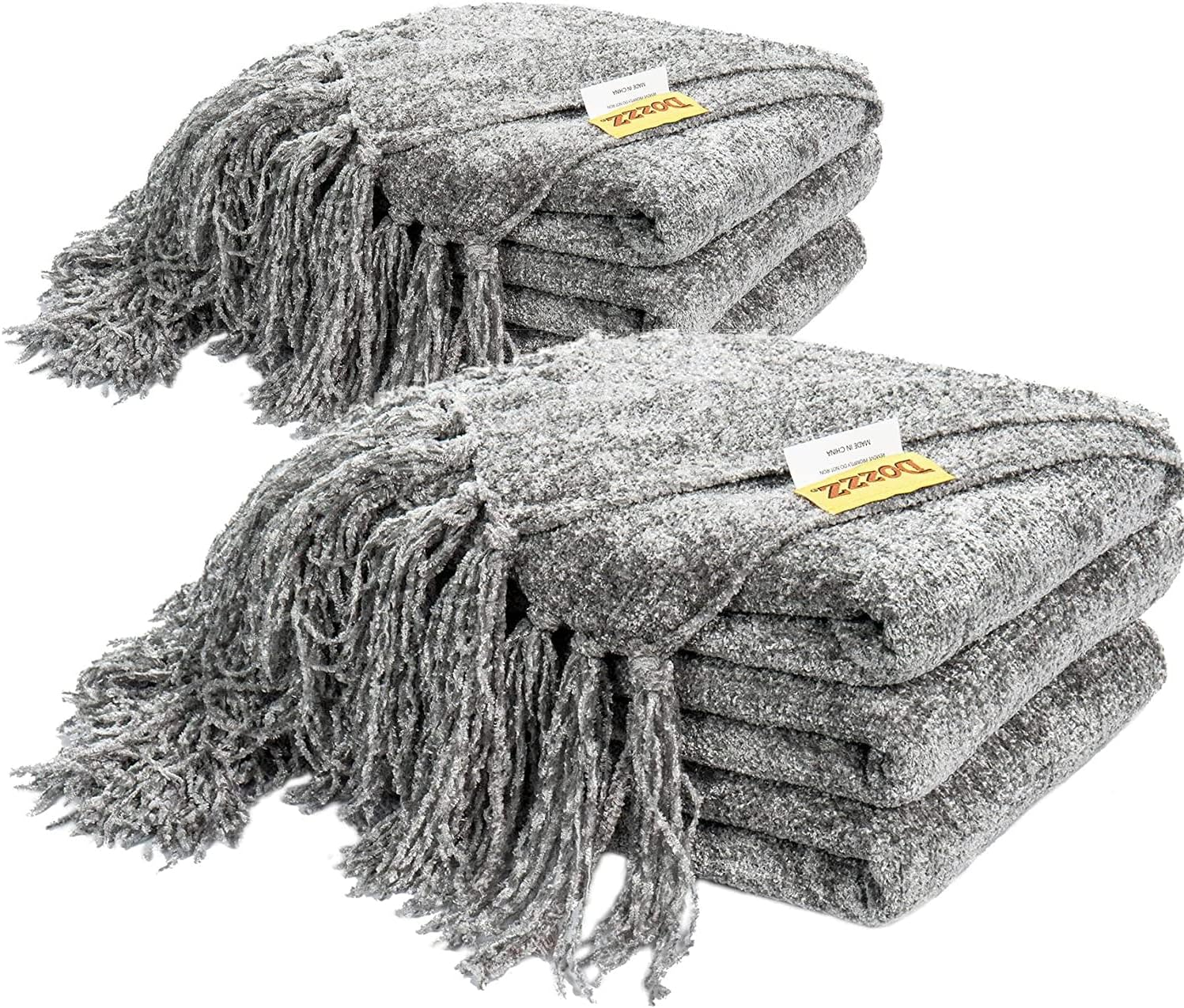 Fluffy Chenille Knitted Thow Blanket with Decorative Fringe and Striped for Cove