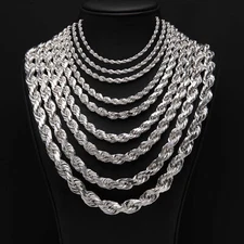 Diamond-Cut Rope Chain Necklace Real 925 Sterling Silver All Sizes