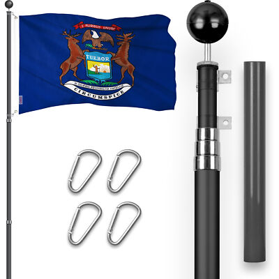 Combo: 16Ft Telescoping Flagpole Black & Michigan MI State Flag 3x5 Ft Emb 300D