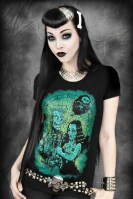 Restyle Gothic T-Shirt Zombie Brautpaar Print Kurzarm Schwarz Psychobilly