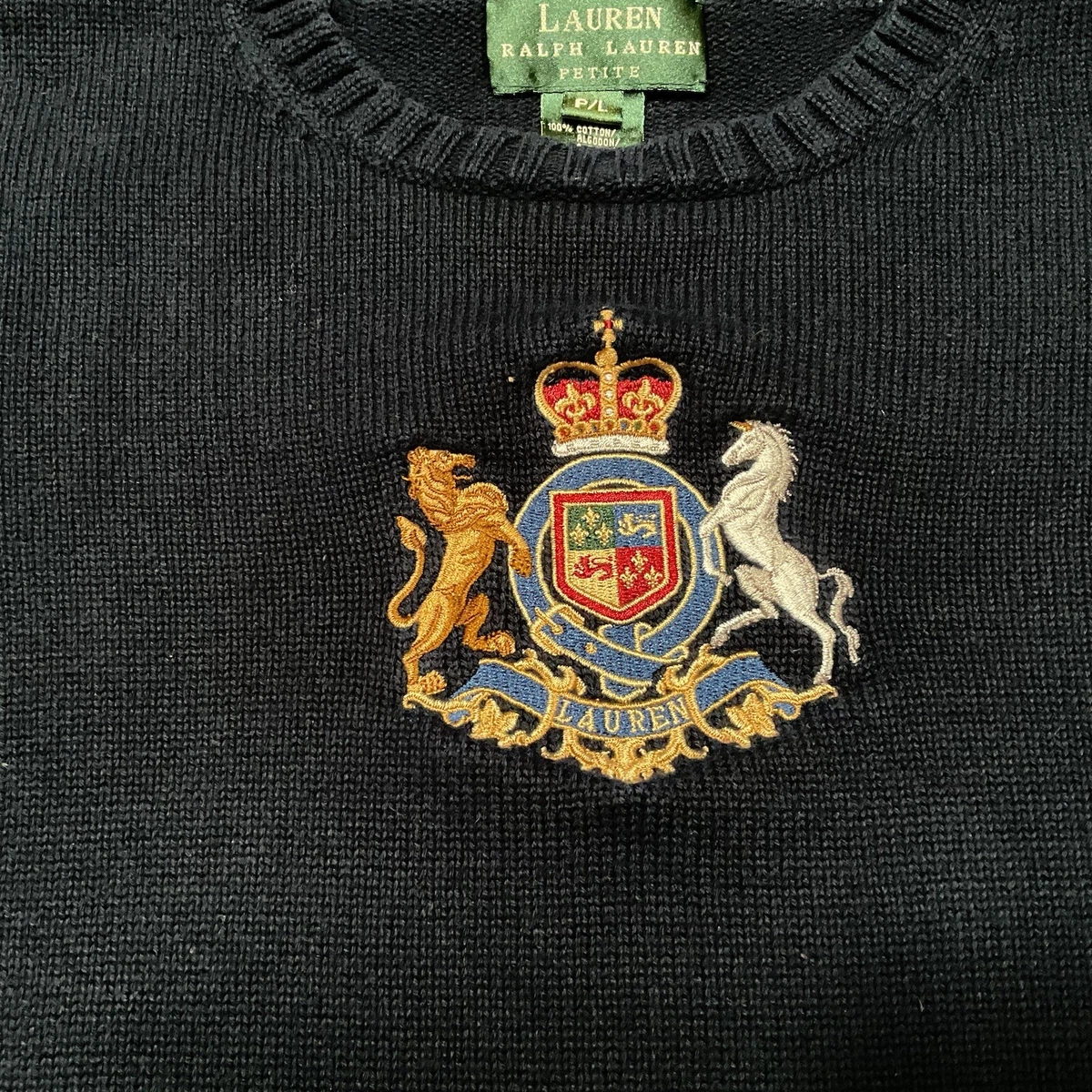 Vintage Ralph Lauren Crown Crest Sweater Navy Blue Crewneck Pullover Petite L