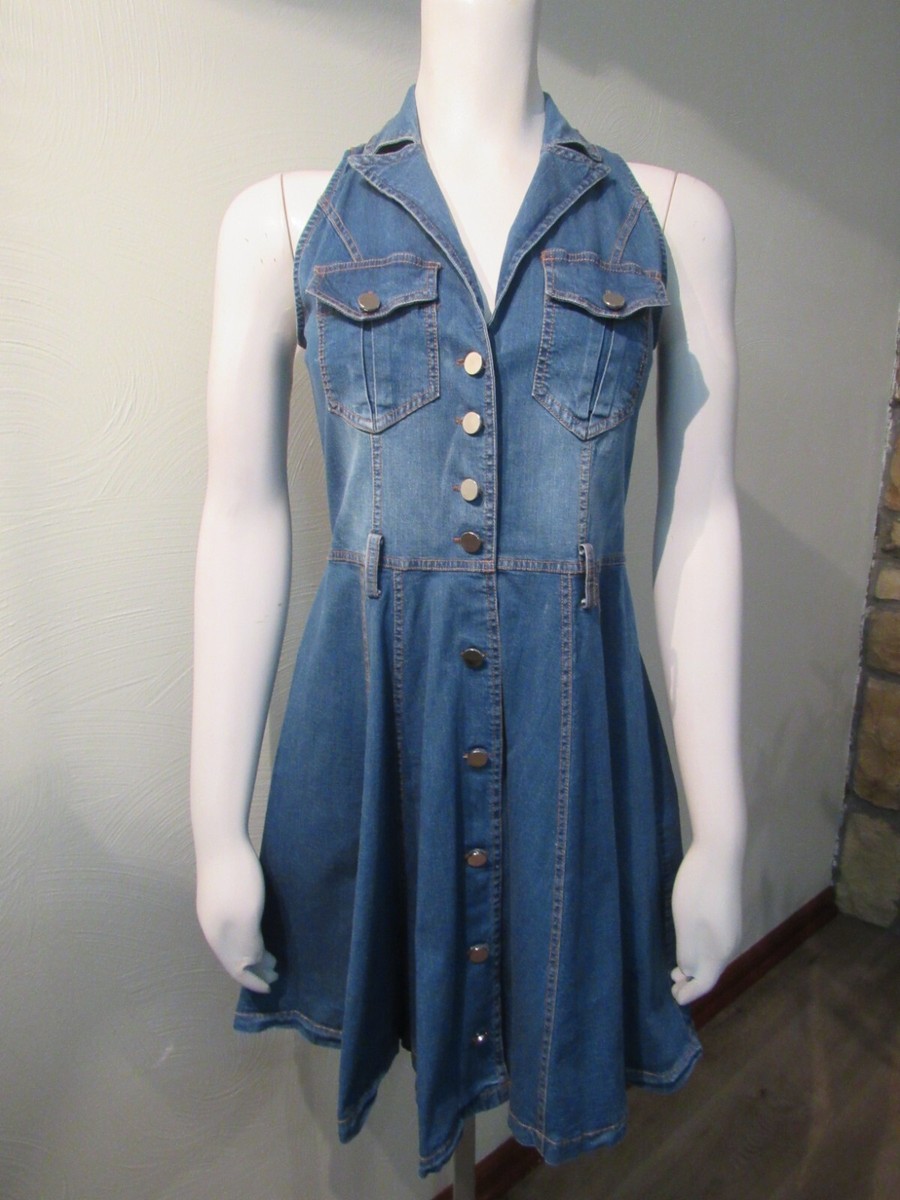 super cute Lady Ribbon sleeveless stretch denim button-up dress