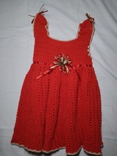 Handmade Crochet Infant Dress Red With Gold Accents Flowers Bows 6-12 Months