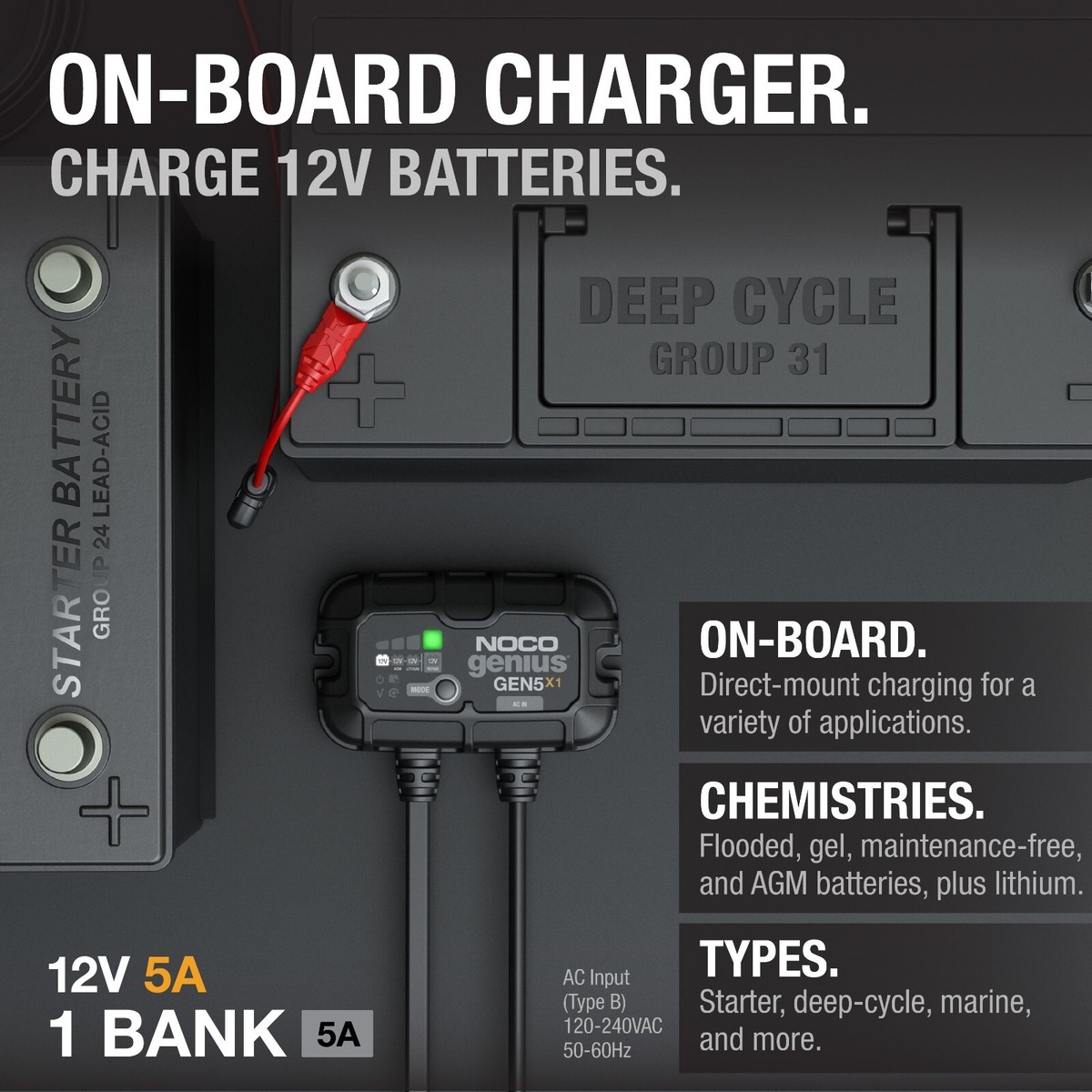 NOCO Genius GEN5X1 1-Bank 5A (5A/Bank) 12V Onboard Marine Battery
