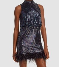 Eliza J Women's Black Sleeveless Sequined Feather-Hem Mini Dress Size 12