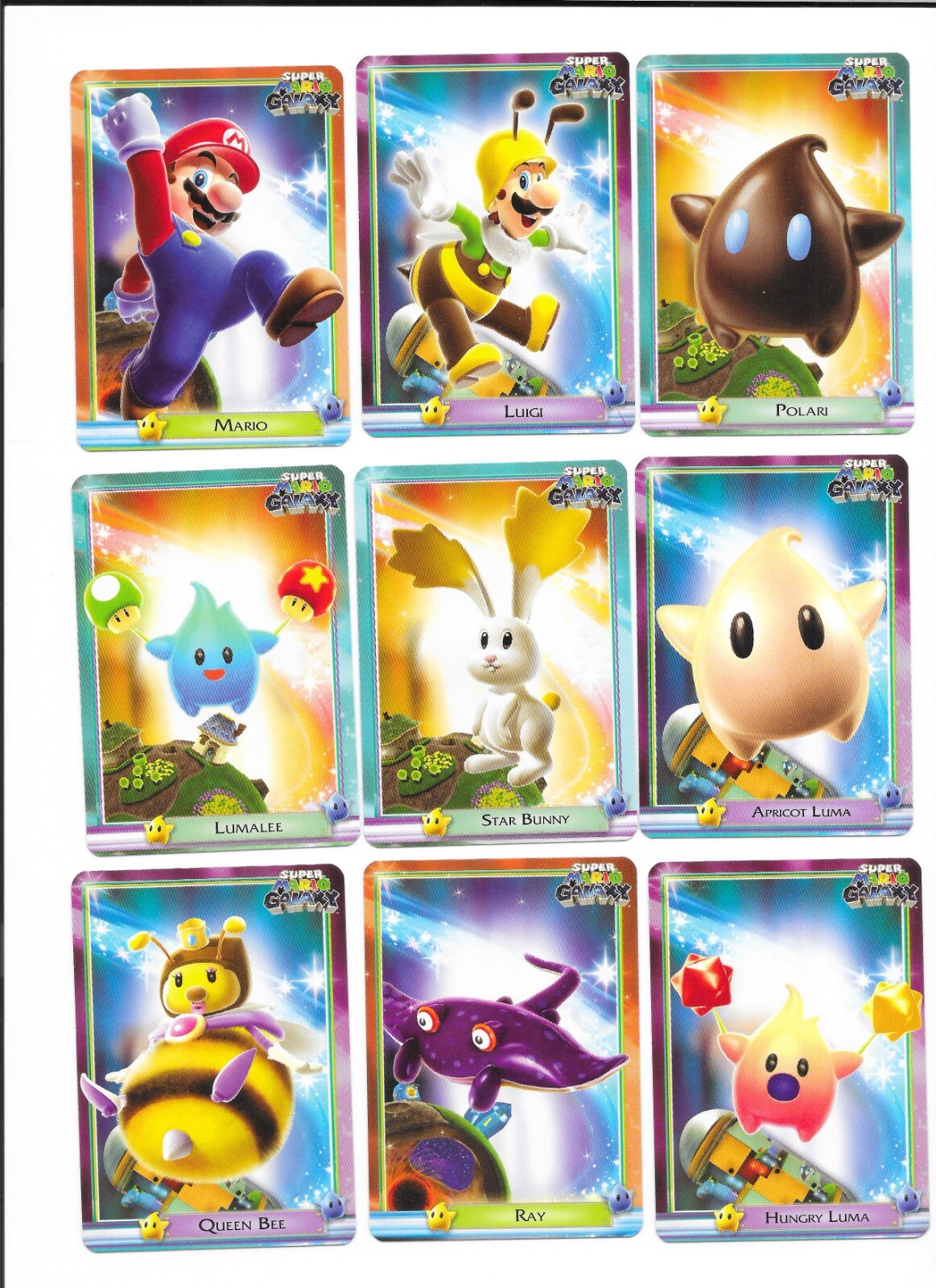NINTENDO SUPER MARIO GALAXY 54/100 CARDS+ 4TATS + 2STAND UPS +1 MINI POSTER READ