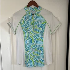 IBKUL Blue White Geometric Golf Tennis Short Sleeve 1/4 Zip Top Women's Medium