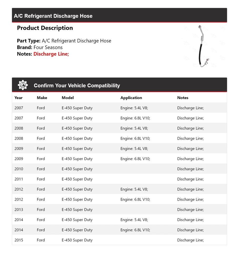 Manguera de descarga de refrigerante de aire acondicionado para Ford E-450 Super Duty 2007-2015 4 estaciones Foto 2 de 4