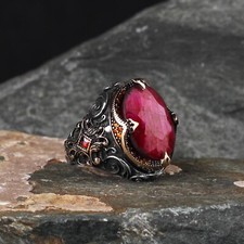 Simulated Ruby Stone Men Silver Ring, 925 Sterling Silver Handmade Mens Ring