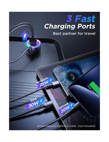 Caricabatterie per auto super veloce USB C 60W PD& QC3.0 con cavo avvolto tipo C da 5 piedi 30 W,... - Foto 8 di 8