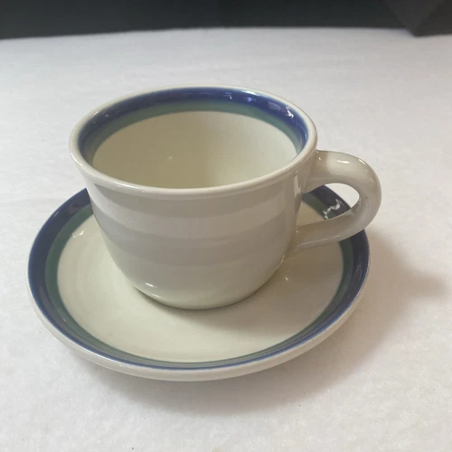 Pfaltzgraff Northwinds Coffee Tea Cup Blue Green Stripe Mug 6” Saucer USA 8 oz