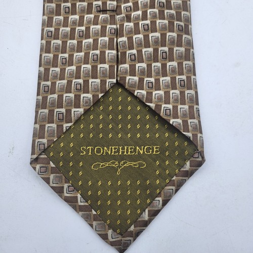 Stonehenge Mens Necktie Tan Cream Satin Geometric Print Modern Handmade New - Picture 7 of 9